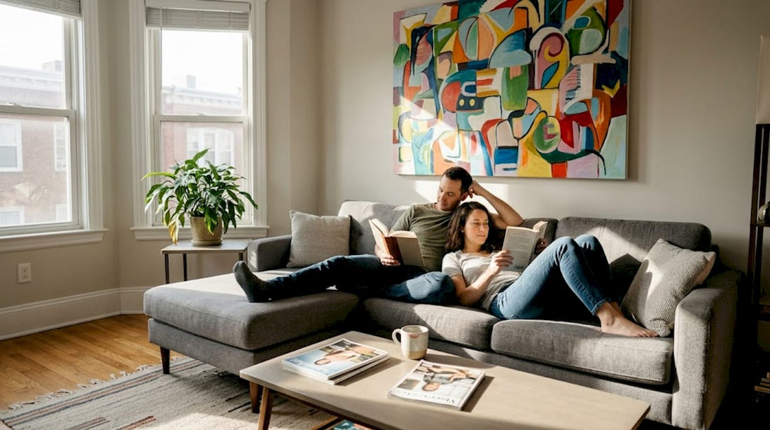 Modern art centerpiece in sunlit living room