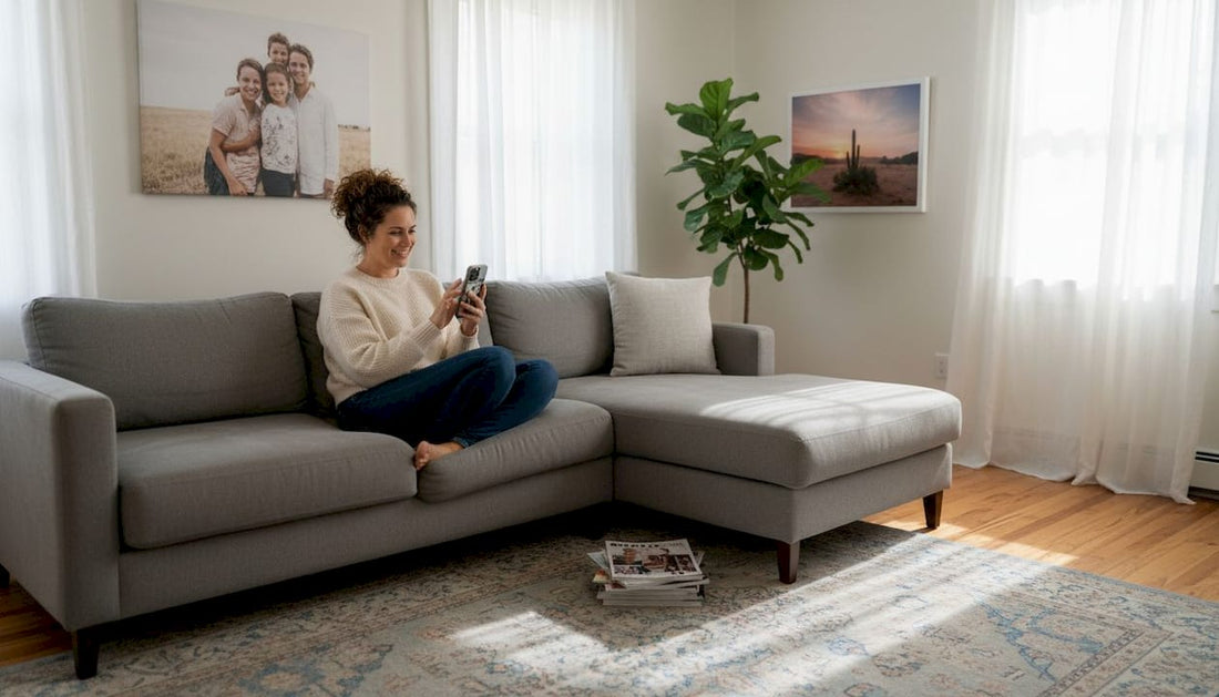 Woman browsing art in lived-in living room