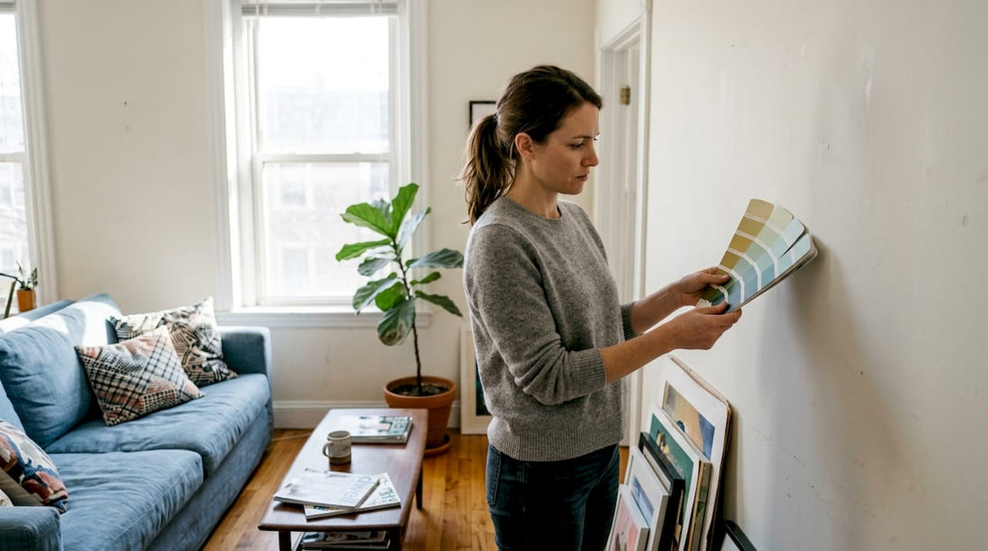Woman choosing wall colors in bright living room