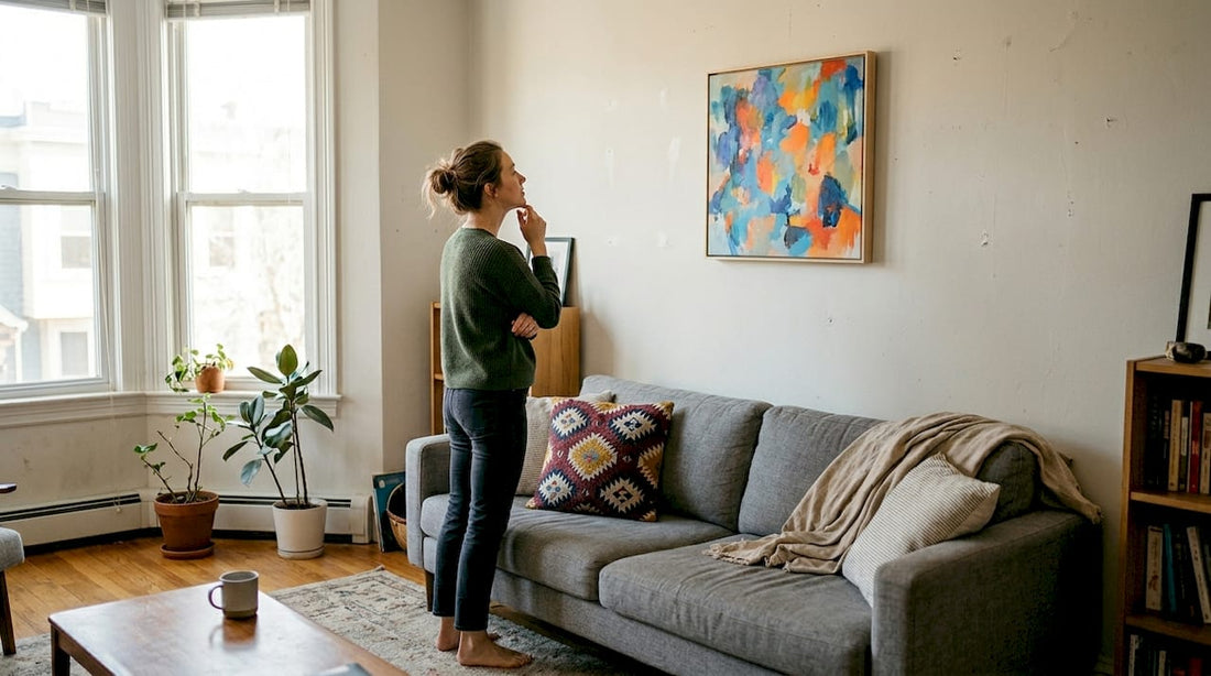 Woman hanging art in vibrant living room