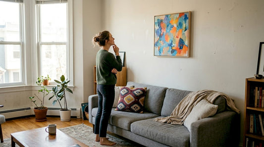 Woman hanging art in vibrant living room