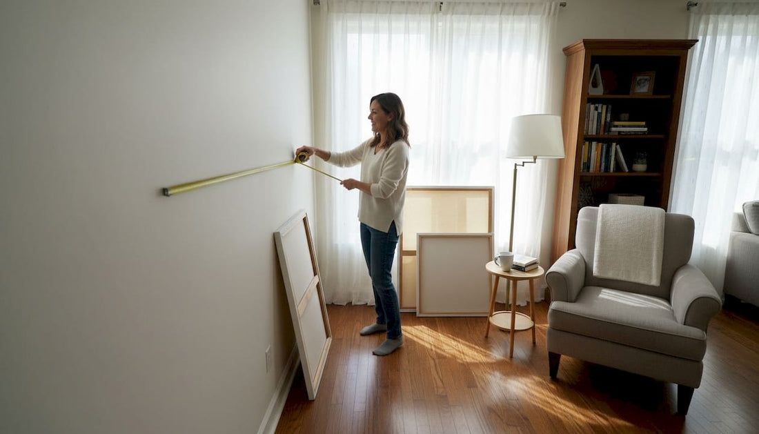 Woman measuring living room wall for art