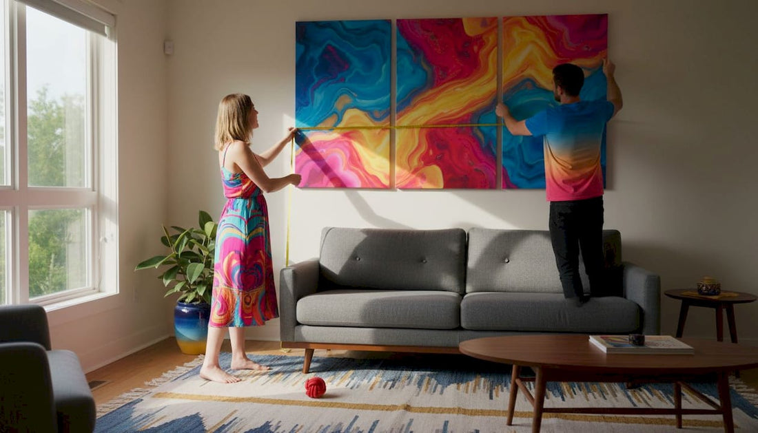 Couple arranging canvas art in living room