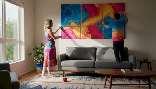 Couple arranging canvas art in living room