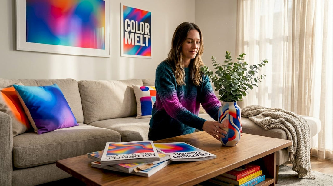 Woman arranging vase in bright living room