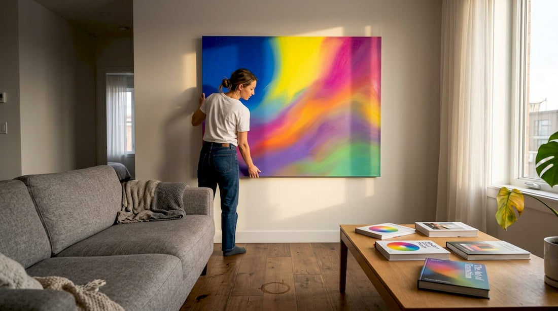 Woman hangs large abstract canvas in home