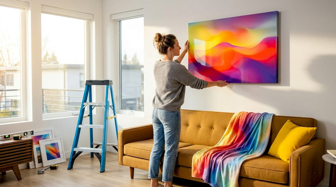 Woman hangs custom photo canvas in living room