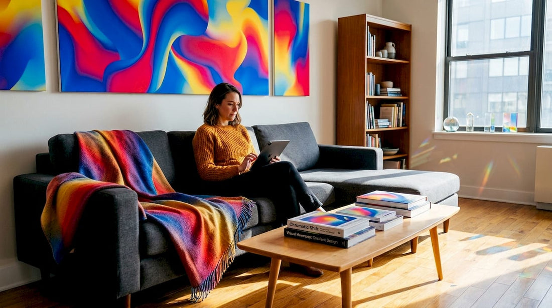 Woman choosing modern art for living room