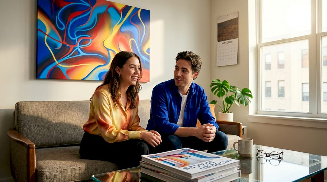 Couple discussing vibrant wall art in living room