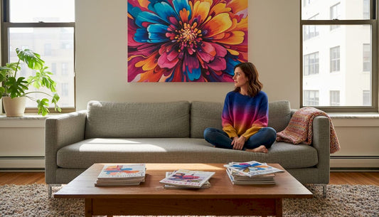 Woman admiring vibrant floral art in living room
