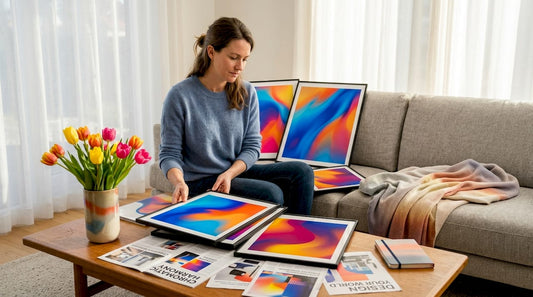 Woman evaluating art prints in living room