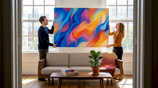 Couple hanging canvas art in sunny living room