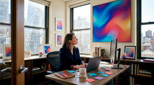 Desk with vibrant wall art and creative workspace