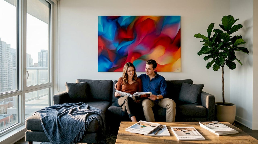 Couple choosing vibrant art for living room