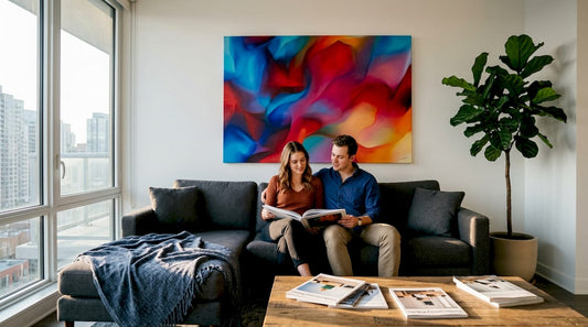 Couple choosing vibrant art for living room
