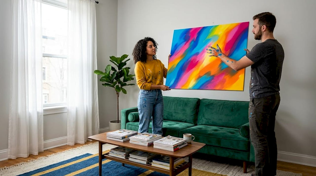 Couple choosing vibrant painting at home