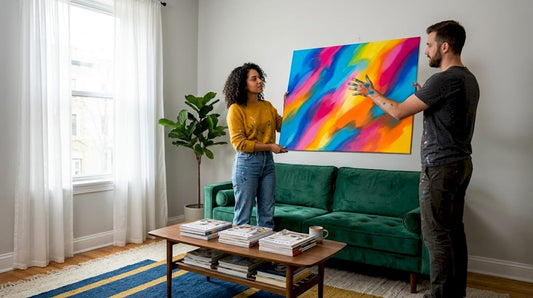 Couple choosing vibrant painting at home