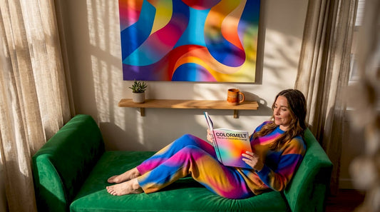 Woman reading with colorful art in living room