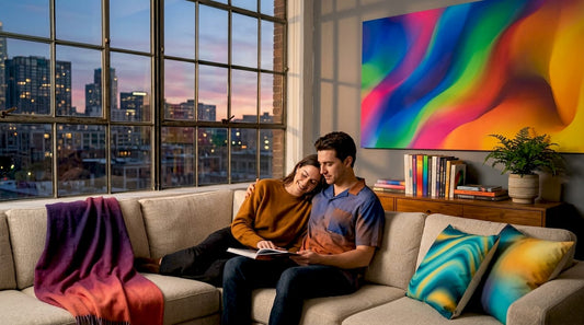 Modern living room with large canvas art and couple