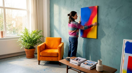 Woman hanging colorful art in modern home