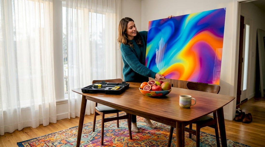 Person hanging acrylic print in living room