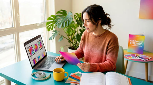 Woman selects wall art at home workspace