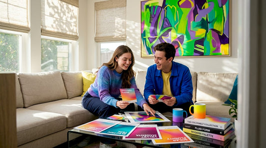 Couple choosing vibrant wall art in living room