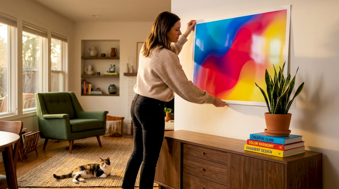Homeowner adjusting vibrant art print on wall