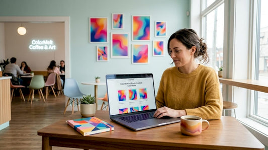 Woman browsing wall art options at home