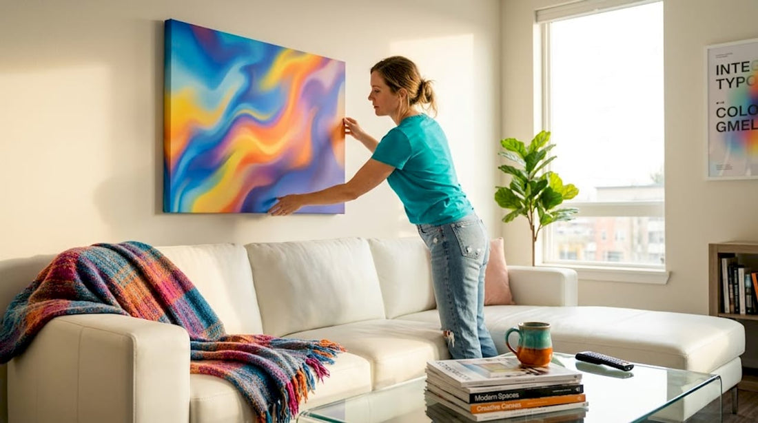 Woman aligning canvas print above living room sofa