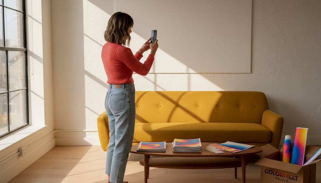 Woman photographing living room wall for art