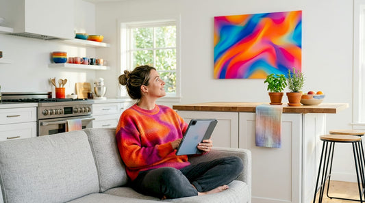 Woman looking at canvas print in sunlit living room