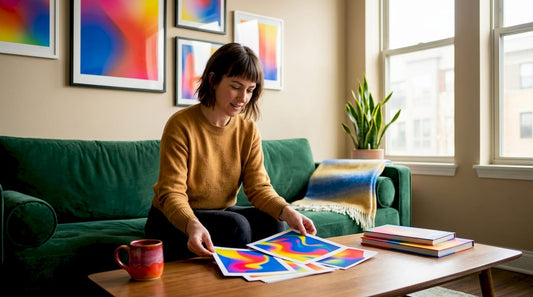 Woman choosing art prints in cozy living room