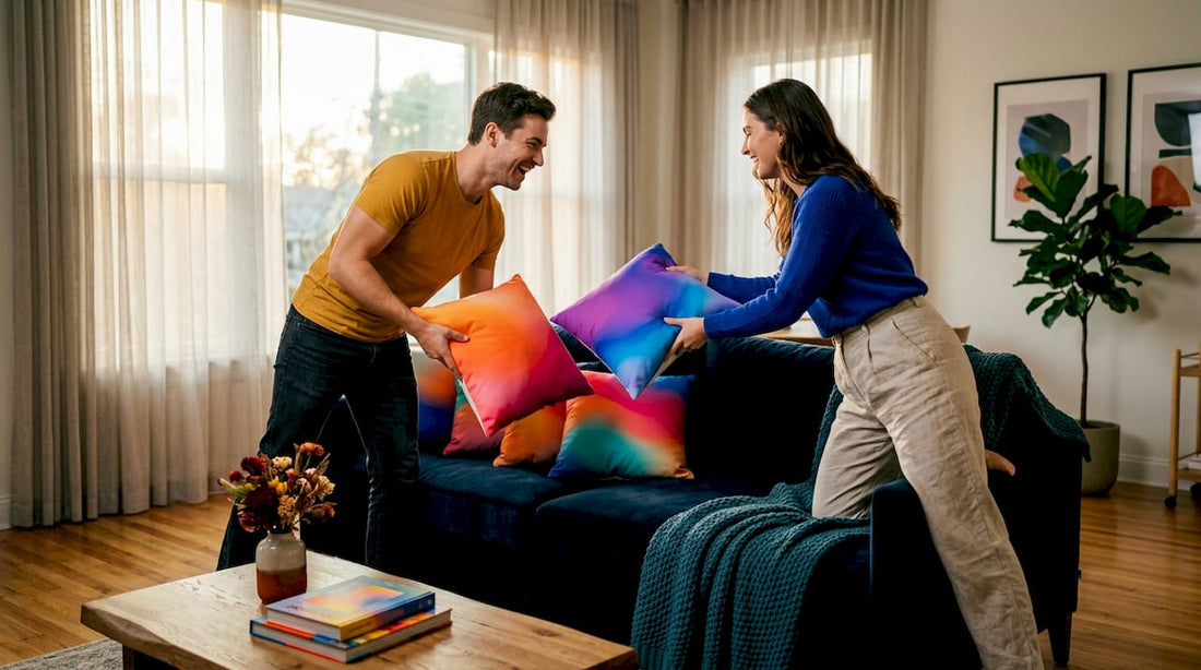Couple arranging pillows in cozy modern living room