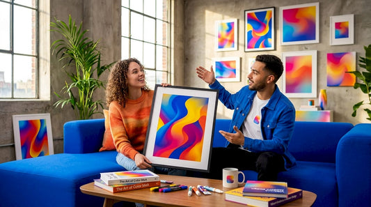 Couple planning artwork in bright living room