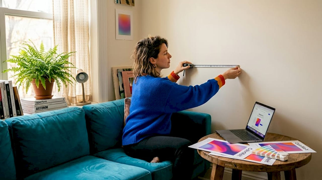 Woman measuring living room wall for canvas art
