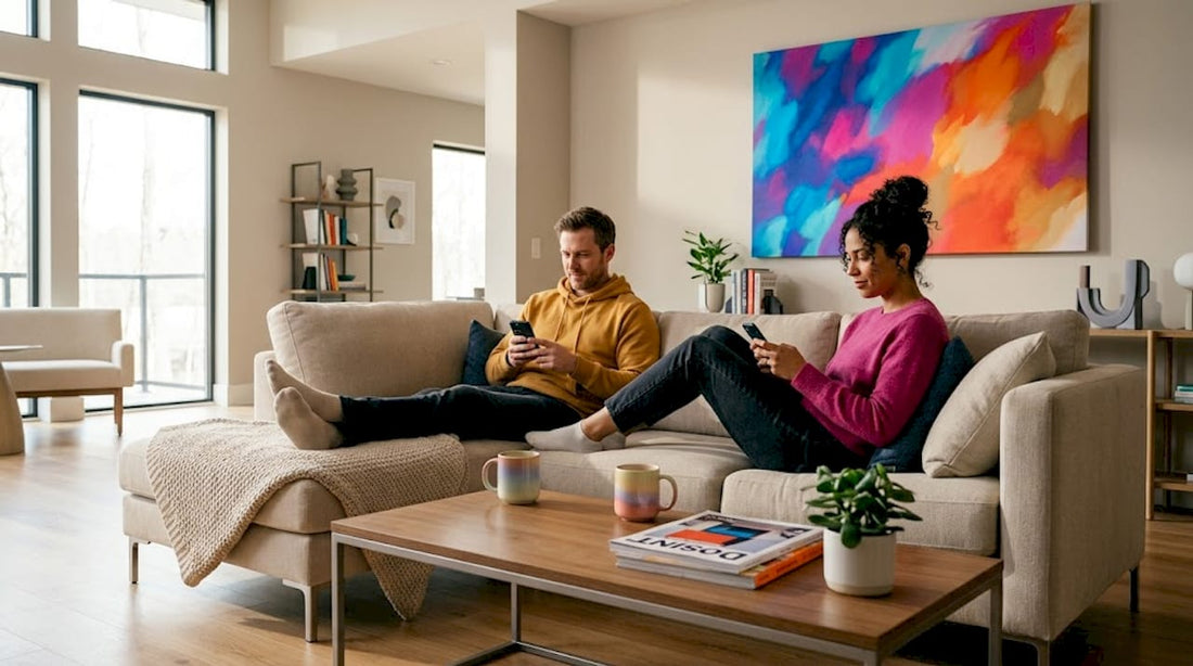 Contemporary living room with couple reading, sunlight