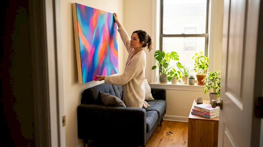 Person arranging large art in compact living space
