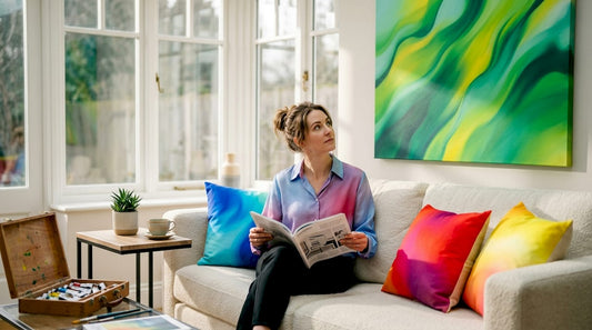 Living room with bold abstract wall art centerpiece