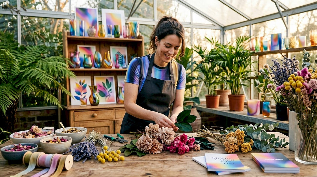 Floral artist arranging preserved botanicals in studio