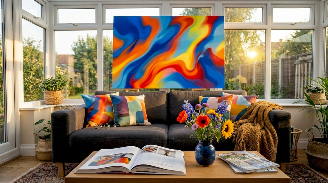 Living room with vibrant abstract wall art