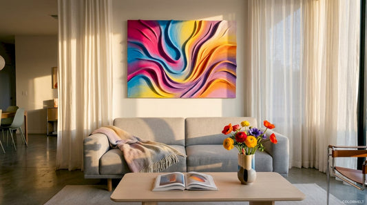 Living room with prominent textured wall art