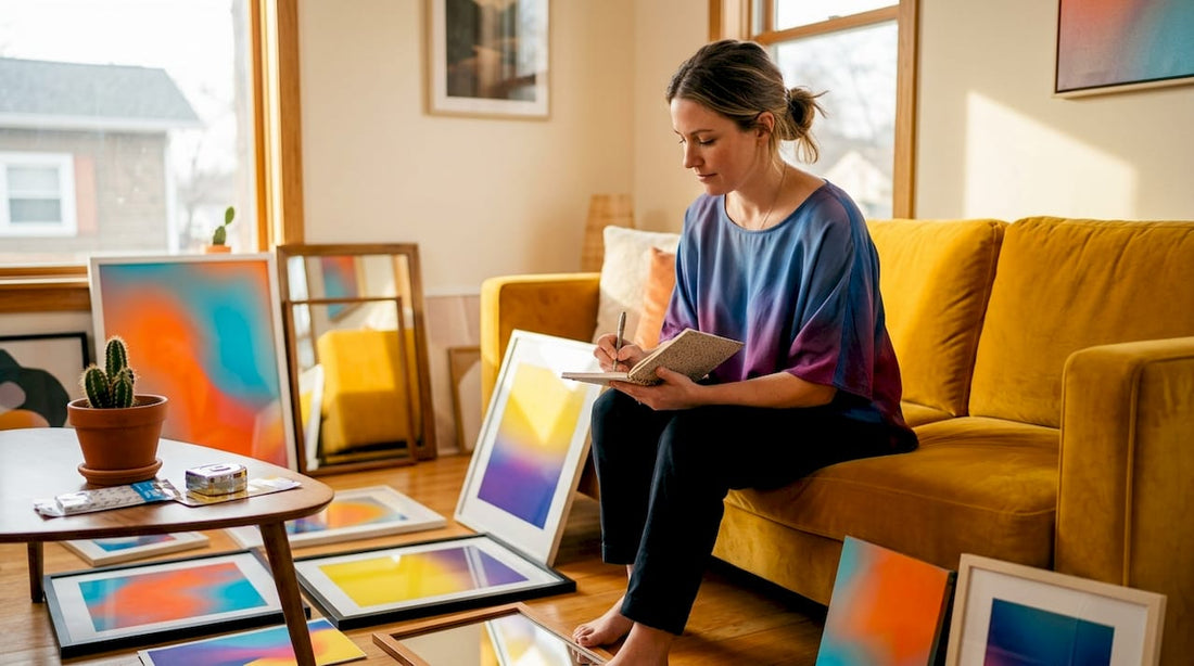 Person planning wall decor layout in living room