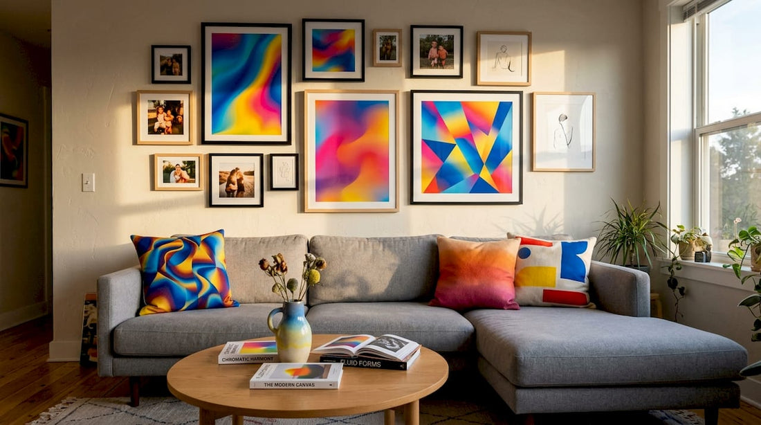 Living room with curated gallery wall behind sofa