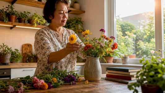 Woman arranging floral art in sunlit living room