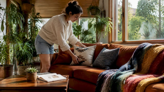 Woman arranging throw pillows on sofa at home