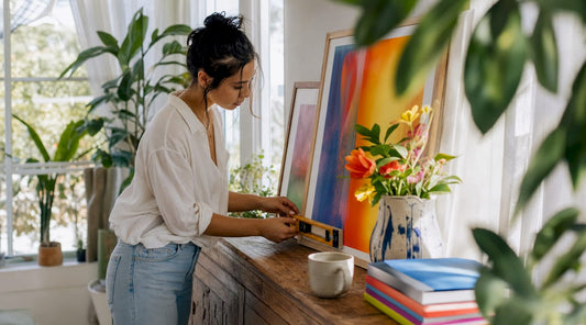 Woman hanging art print using level in living room