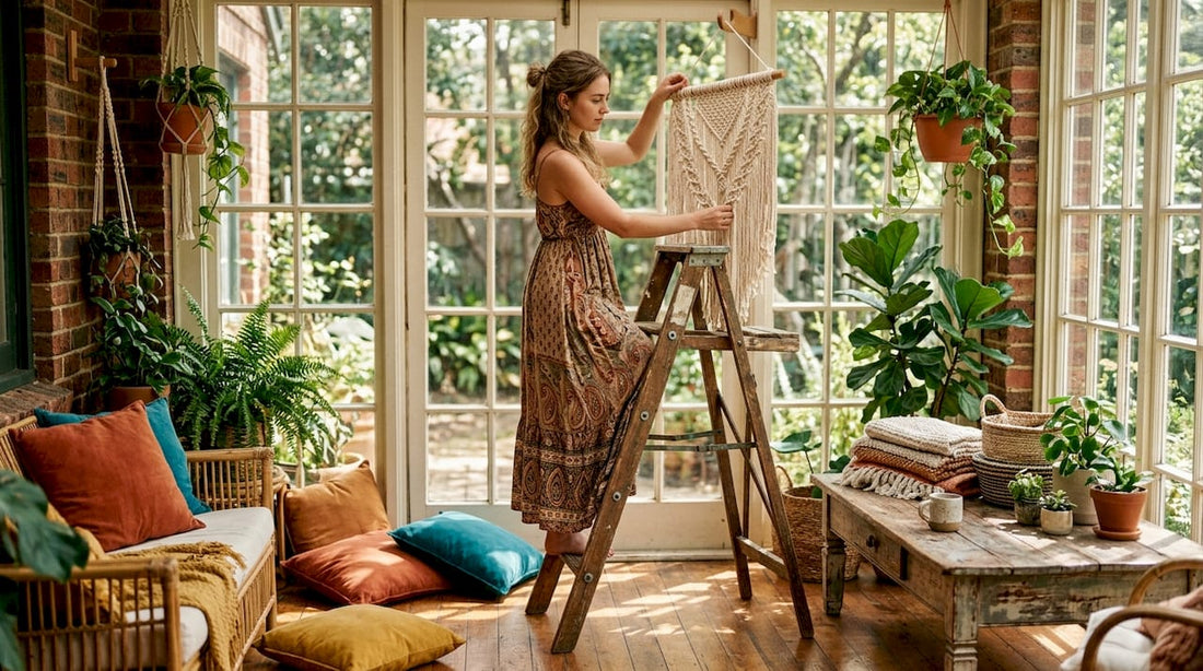 Woman hanging macramé boho wall decor