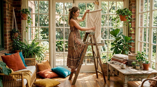 Woman hanging macramé boho wall decor