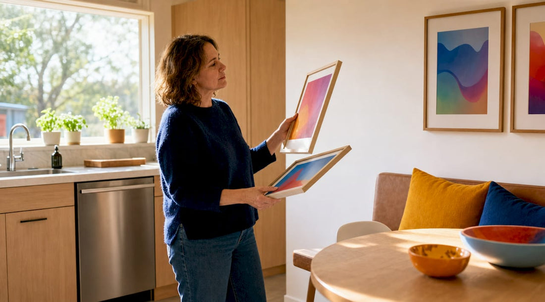 Woman selecting wall art in living room